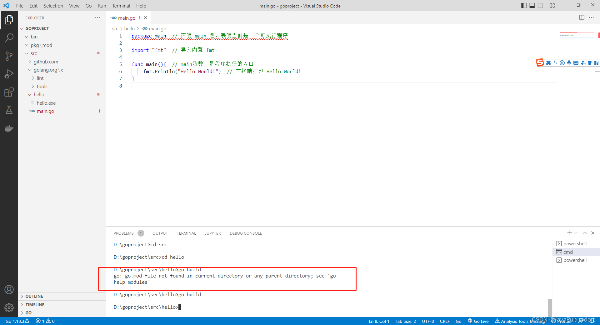 golang hello 安装环境异常【已解决】