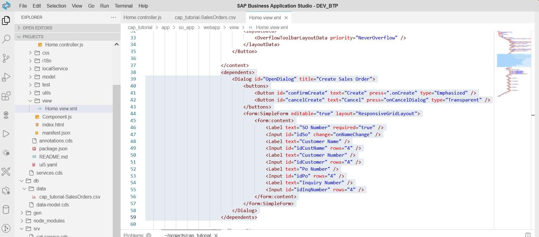 Use SAP ui5 application to consume create and delete operations of OData in business application studio